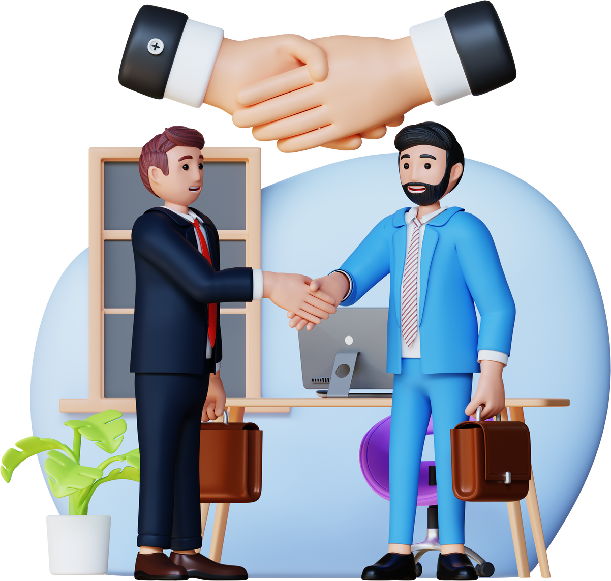 business people shaking hands, finishing up a meeting, 3d character illustration